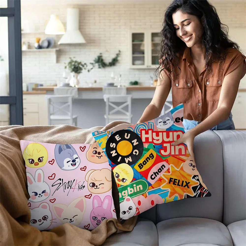 Pillow Covers Cartoon S-Skzoo-o k-Kpops S-Stray K-Kids Sofa Decorative Home Double-sided Printing Short Plush Cute Cushion Cover
