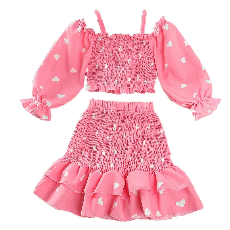 

Girl's High Elastic Pleated Polka Dots Decor Tops+Layered Pleated Skirts 2pcs Clothing Sets Fashion Pink Sets
