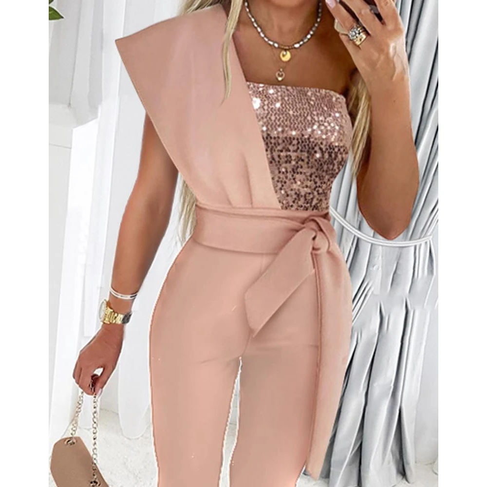 2023 Women Contrast Sequin One Shoulder Jumpsuit Fashion Femme Sleeveless Tied Detail Skinny Jumpsuit Party Evening Clothes
