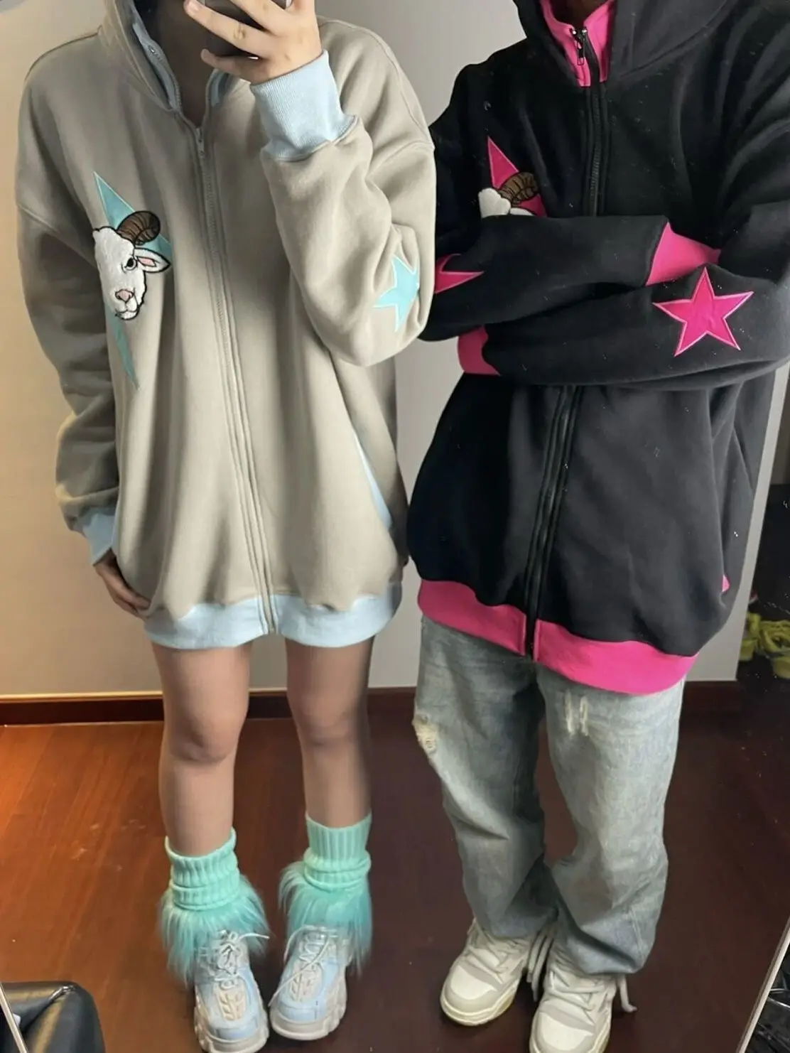 Original Design Grey-blue Star Embroidered Zip Up Hoodies Streetwear Loose Y2k Hooded Couple Winter Oversized Hoodie Gothic Coat