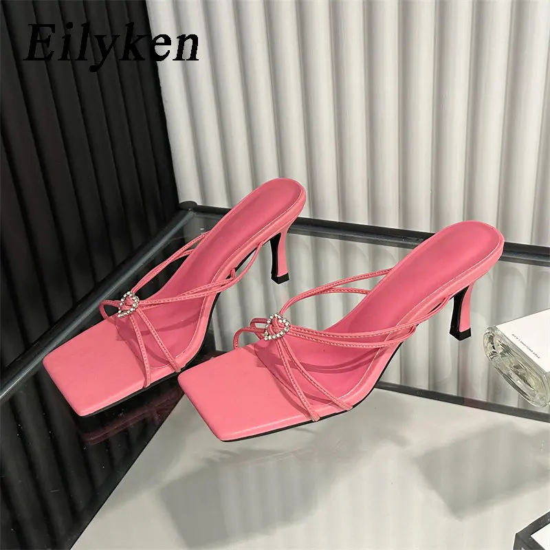 

Eilyken/женские шлепанцы с узкими ремешками и квадратным носком; Коллекция 2023 года; Модные босоножки на тонком высоком каблуке; Вечерние модельные летние туфли