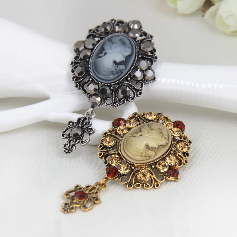 

New Vintage Gothic Style Rhinestone Crystal Cameo Beauty Head Brooches for Women Brooch Pin Anquite Assorted Bouquet