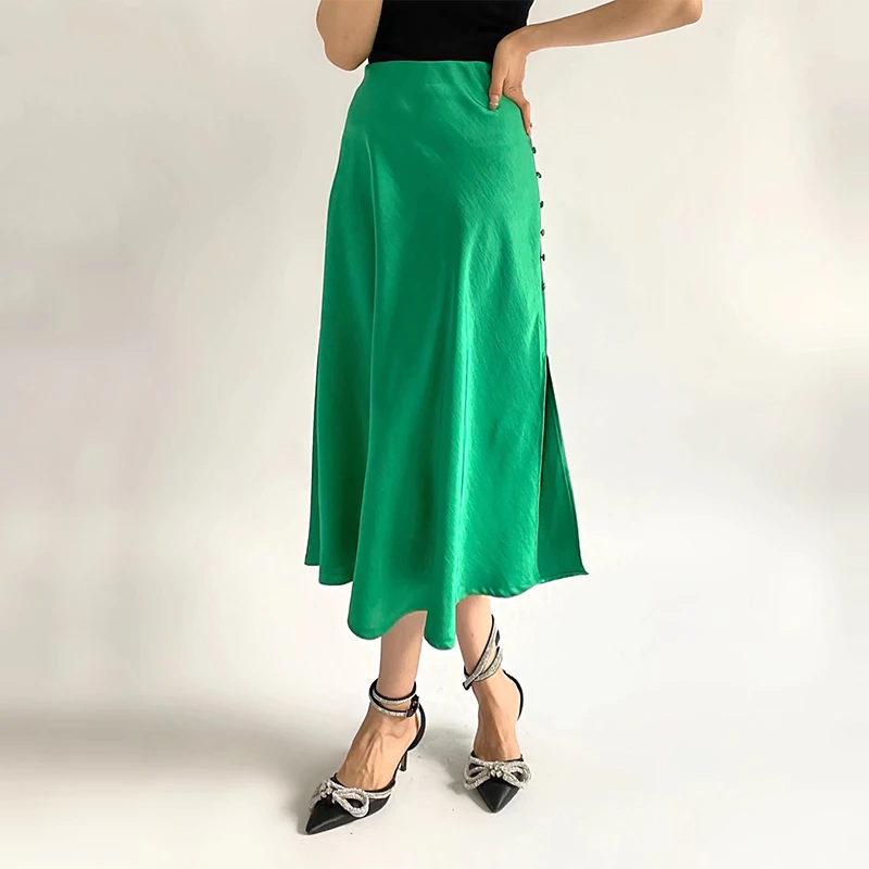 

Chic Spring 2022 Women Button Split Satin Green Midi Skirt Vintage High Waist Office Lady A-Line Female Skirts