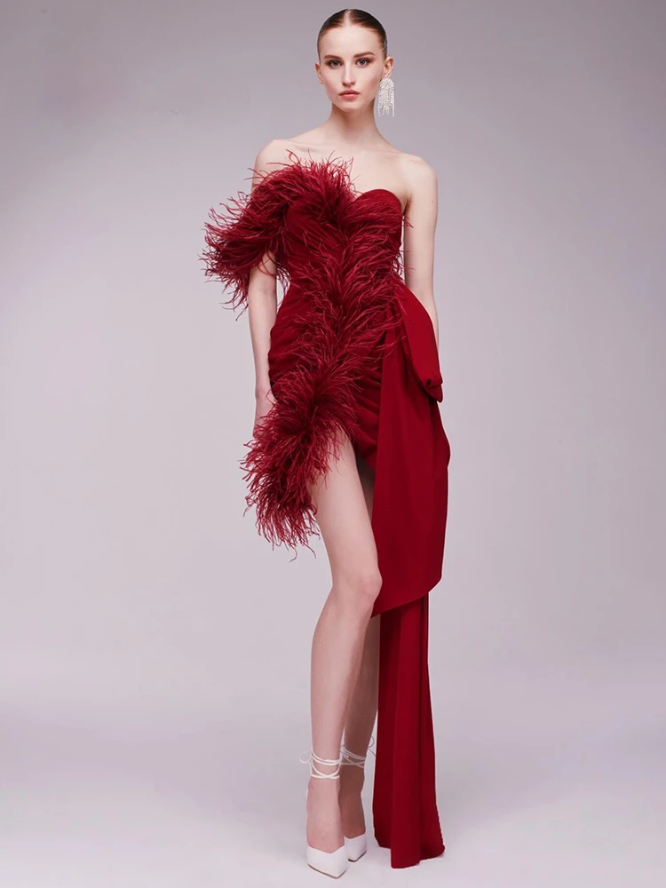 Red Sexy Dress Women Strapless One Shoulder Draped Feather Fashion Runway Cocktail Party Mini Bodycon Dress Summer 2023