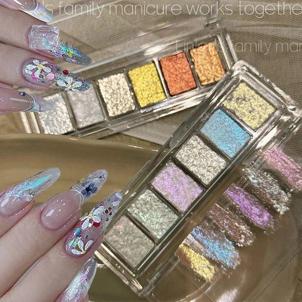 1 коробка блестящая грязь Аврора твердый порошок для ногтей 6 цветов