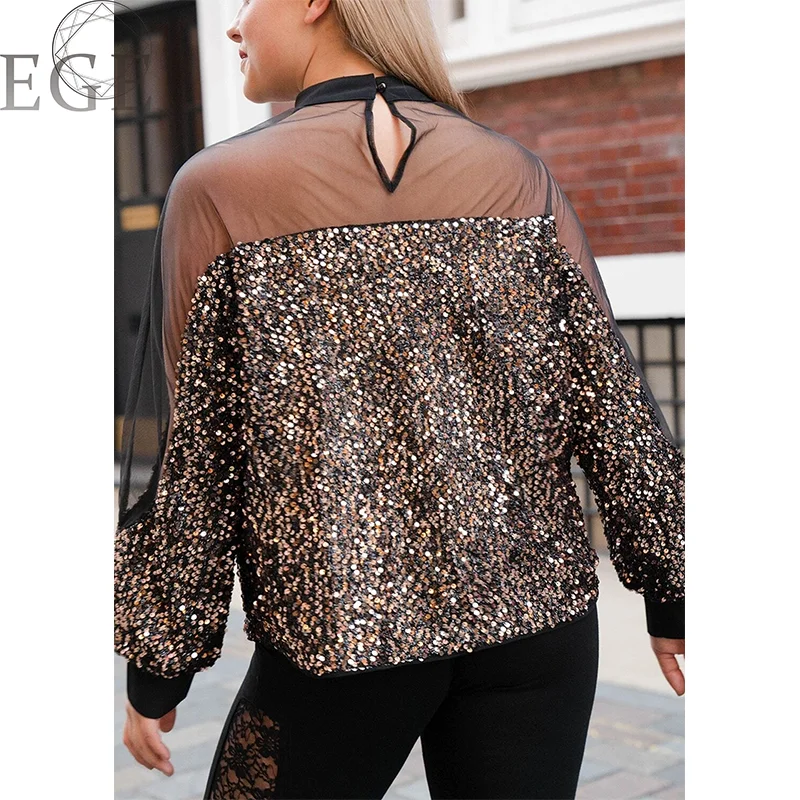 Elegant Plus Size Women's Spring Summer Shiny Mesh Tops Loose Commuting Shiny Women Plus Size Crewneck Tops