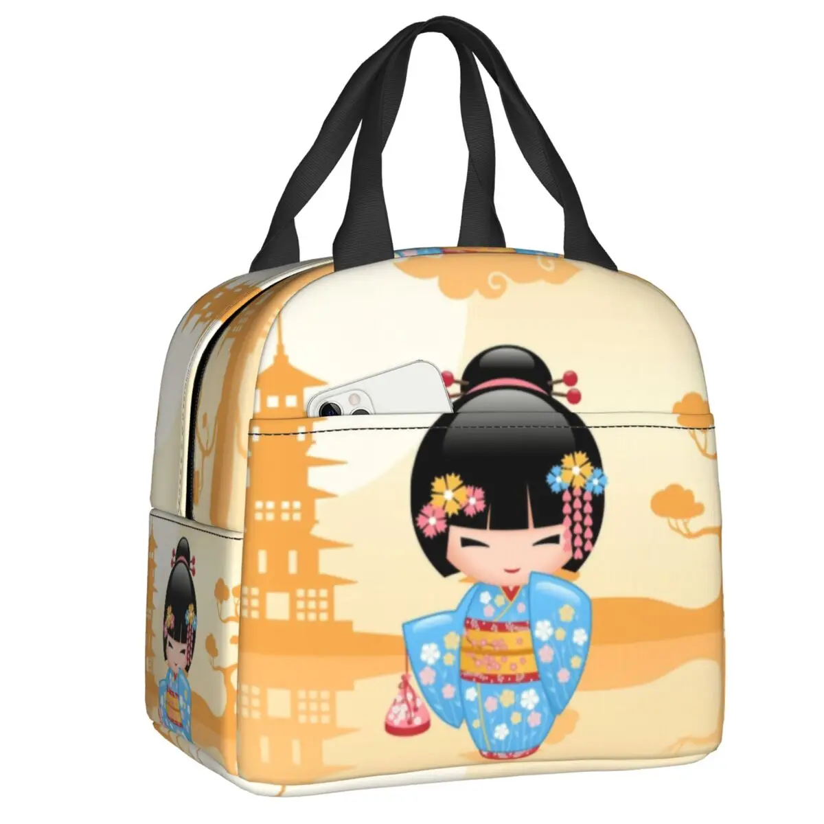 

Japanese Maiko Kokeshi Doll Insulated Lunch Bag for Women Waterproof Cute Girly Vector Geisha Cooler Thermal Lunch Box