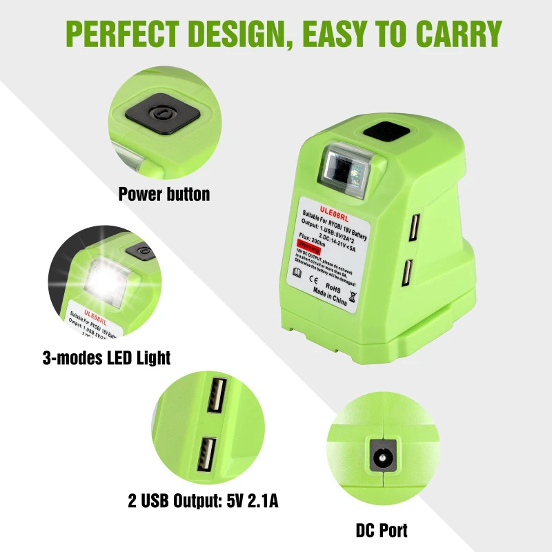 Battery DIY Adapter For Craftsman C3 Ryobi One+ 18V Li-ion Battery P743 With Dual USB 3W 200LM LED Working Light Switch Control enlarge