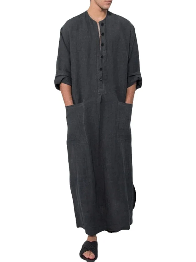 Мужской льняной халат на пуговицах, длинный кафтан с длинным рукавом, длинное платье, Повседневная рубашка для пляжа, мужской мусульманский... от AliExpress RU&CIS NEW