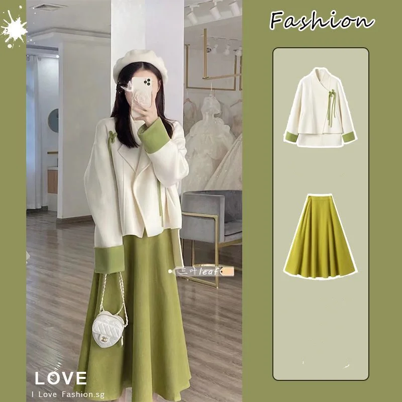 

Small Fresh Spring Autumn Outfits 2023 New Fashion Woolen Coat Chinese Top High Waist Slim Half Skirt Two Piece Set For Women
