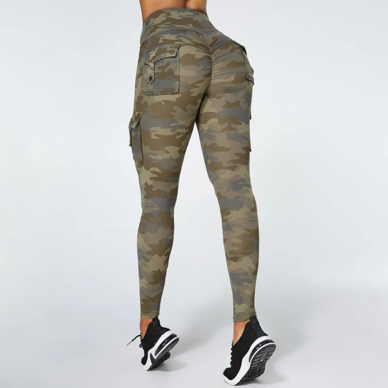 Sexy Peach Buttock Leggings Fitness Comprehensive Training Women Sports Pants Camouflage With Pocke Folds Tights Clothe Trousers