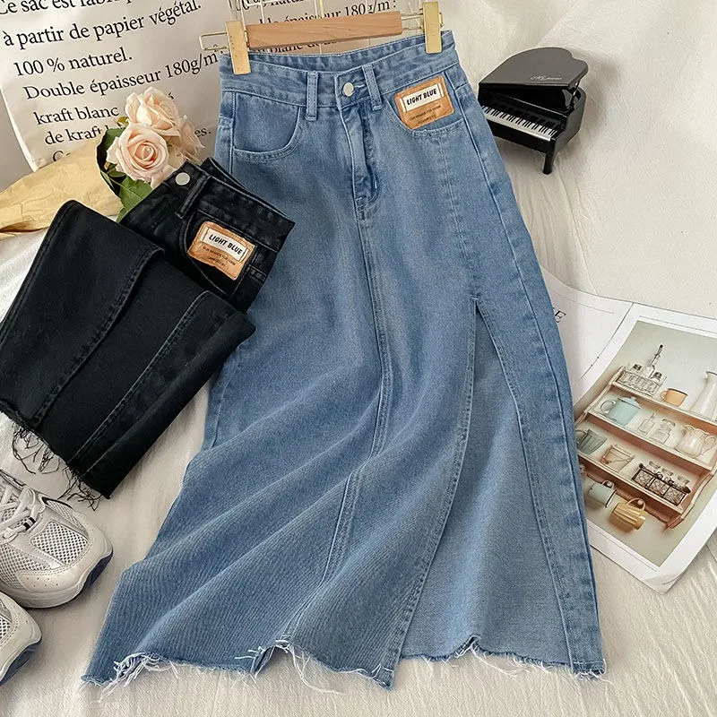 

Women Denim Skirt Fashion High Waist Casual Solid Office Lady Slit Skirt Summer Harajuku Streetwear A-line Hip Midi Jean Skirt