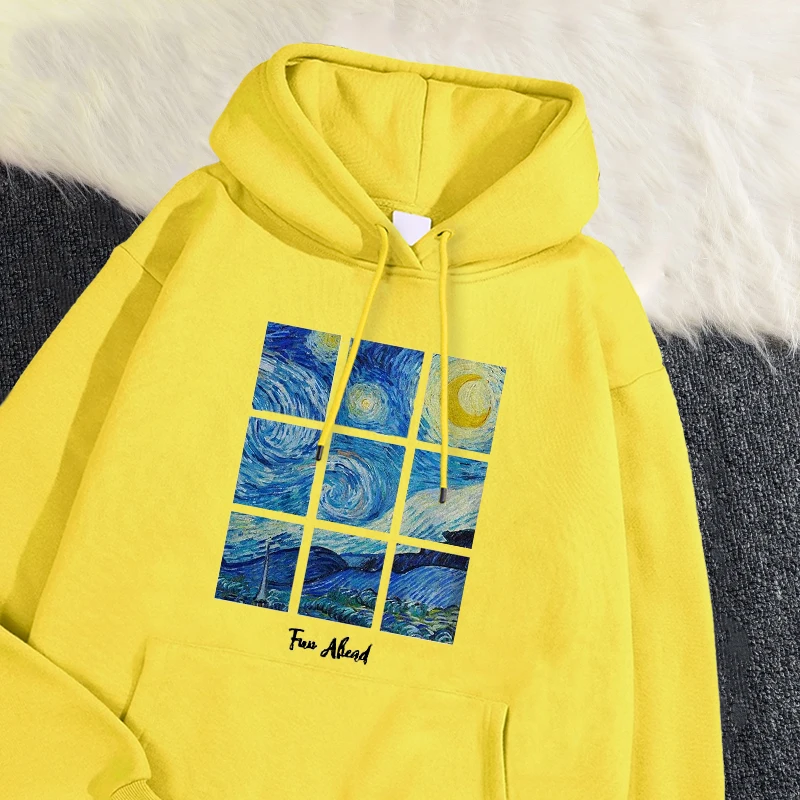 Женские осенне-зимние пуловеры с капюшоном и мультяшным принтом звезд небом