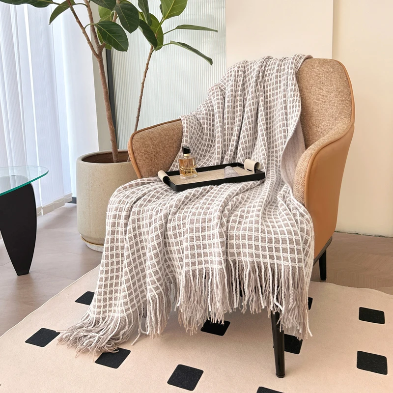 Вязаное одеяло для кровати с Вафельной нитью и кисточкой пикника