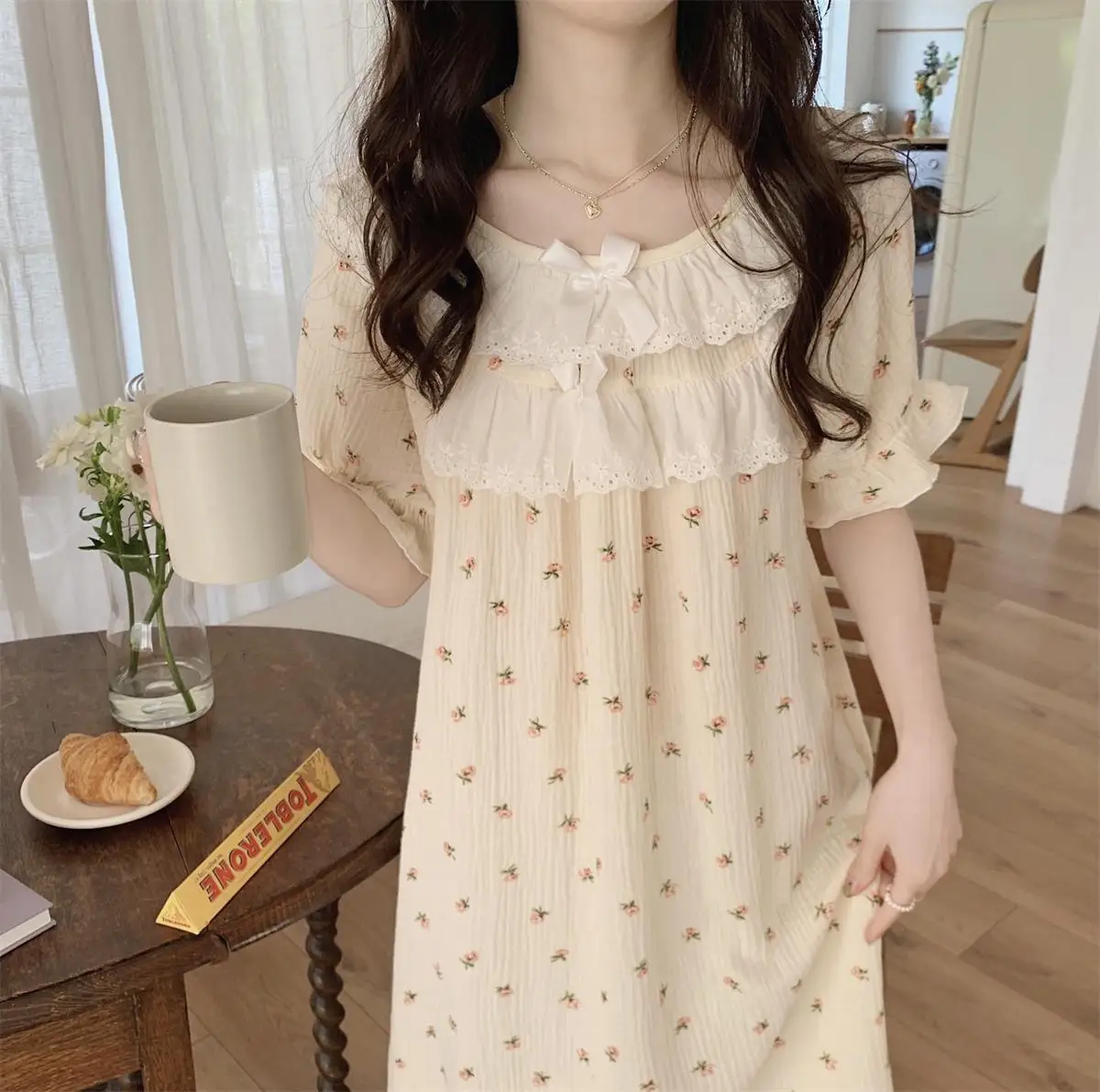 Lovely Floral Print Summer Nightgown Women Double Lace O-Neck Short Sleeve Cotton Long Sleepwear Loose Sweet Korean Night Dress