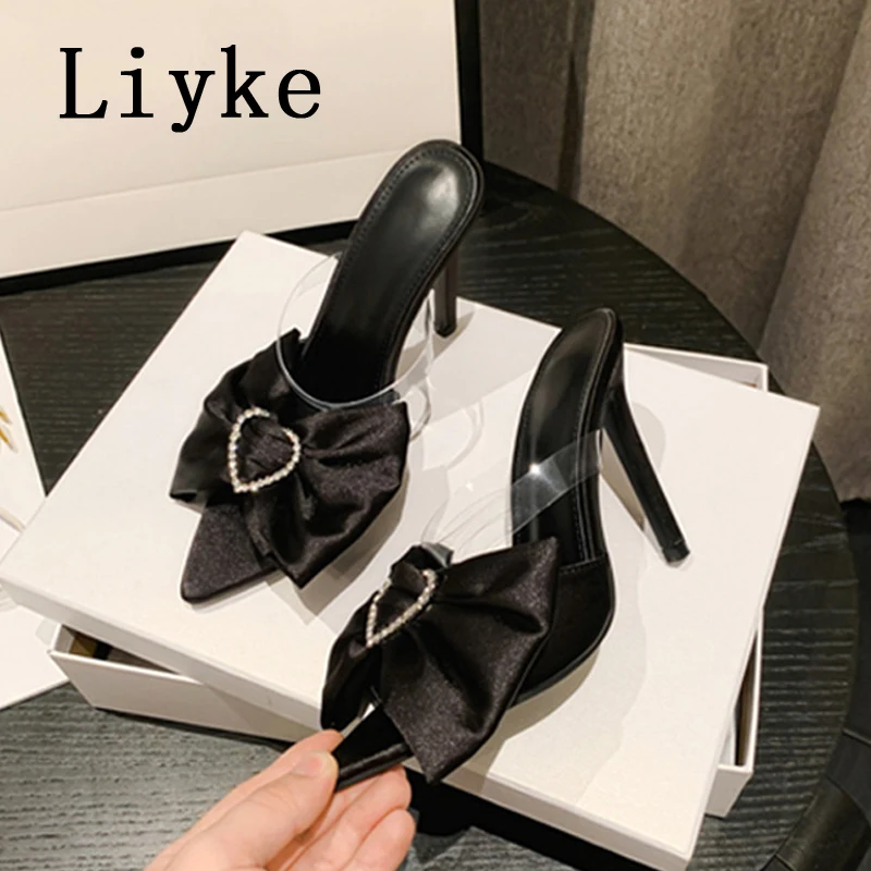 

Женские Сатиновые шлепанцы Liyke, на тонком высоком каблуке, с кристаллами, в форме сердца, с острым носком