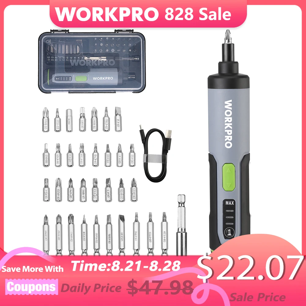 WORKPRO 3.6V Cordless Electric Screwdriver Kit, USB Rechargeable Lithium ion Battery, LED Work Light