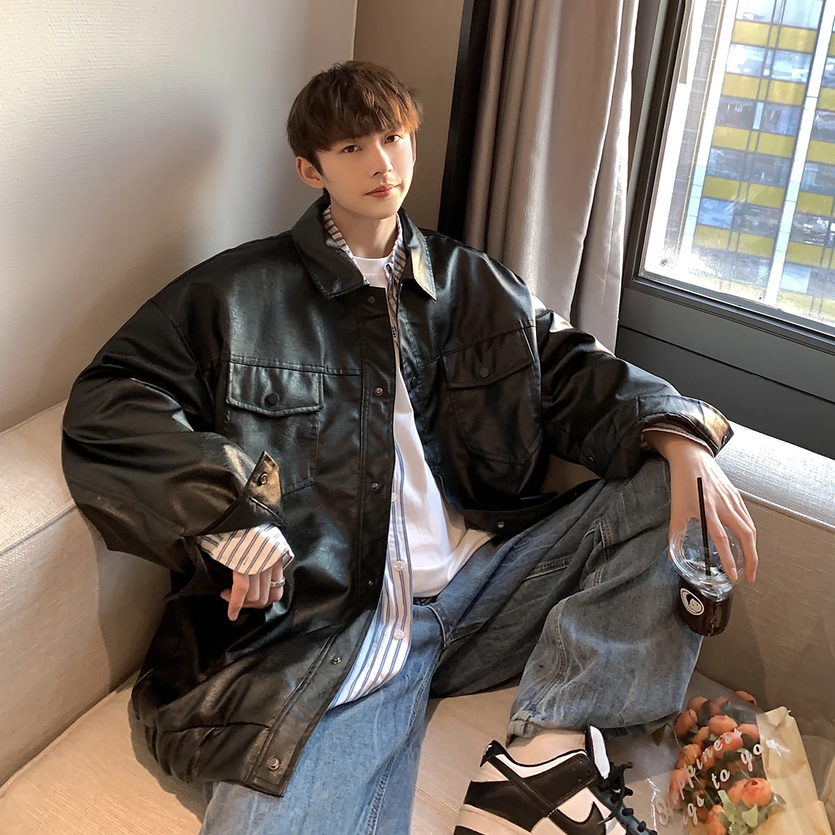 

Men's Wear 2022 Autumn Fashion New Streetwear PU Leather Jacket Motorcycle Biker Fashion Loose Zipper Korean Hip Hop Coat W406