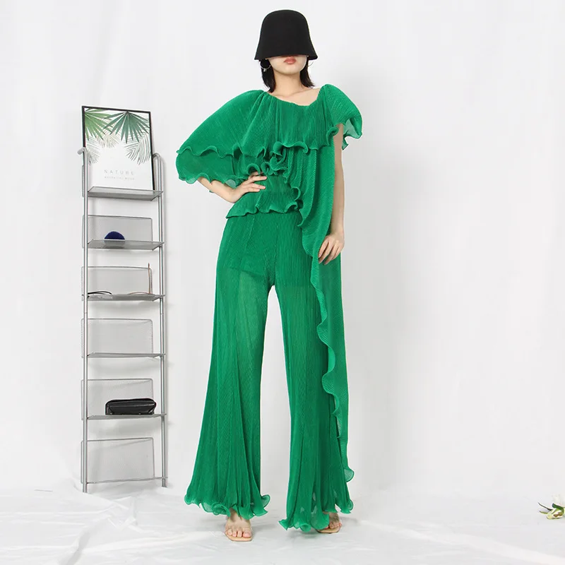 

High Street Design Women Sets Chic Slanted Ruffled Top and Wide Leg Pants Sets 2022 Summer New Fashion Two Piece for Women