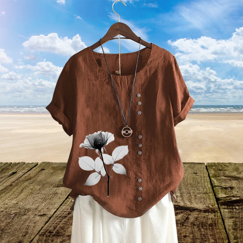 

Модная женская блузка с круглым вырезом, элегантная льняная разноцветная футболка с цветочным принтом, свободные хлопковые топы с коротким...