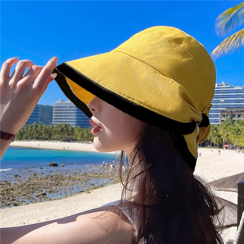 

Summer Women Bow Tie Fashion Wide Large Brim Sun Hat Outdoor Beach Fisherman Cap UV Proof Sun Protection Hat Bucket Hat