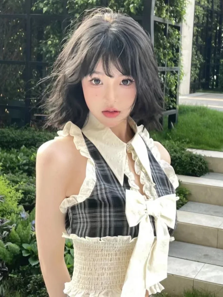 

Корейская летняя модная одежда, Сексуальная рубашка в стиле преппи с оборками, клетчатый бандажный мини-топ с эластичной завышенной талией,...