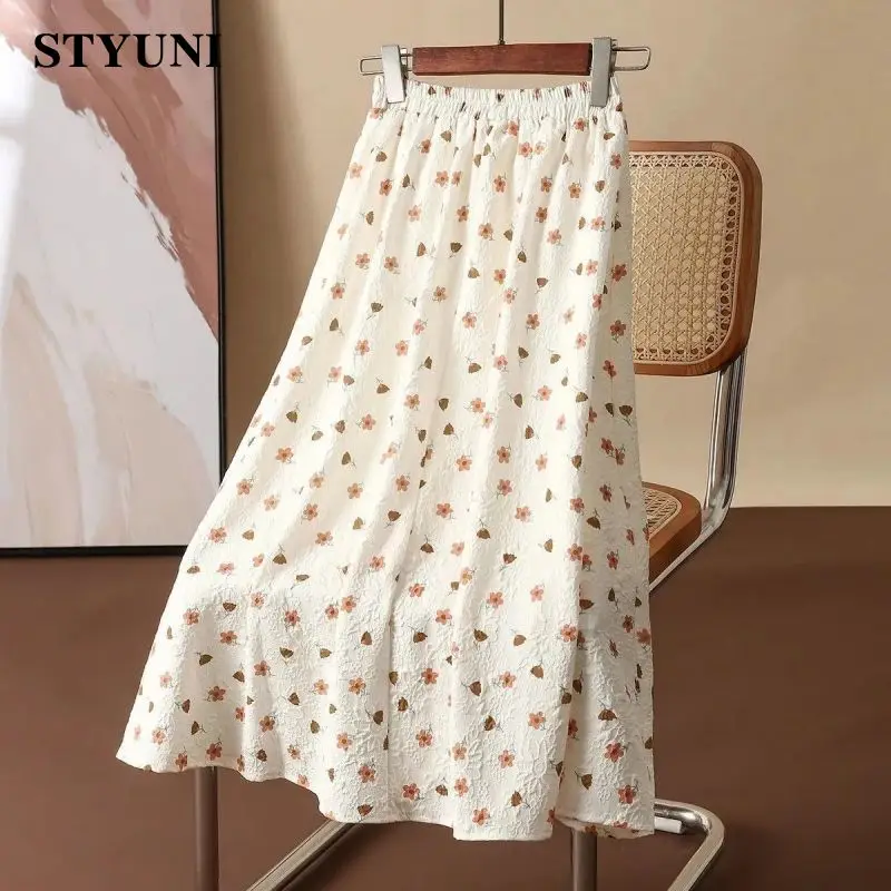 

Floral polka dots cotton women's skirt 2022 summer three-dimensional decoration elastic waist A-line mid-calf skirts for women