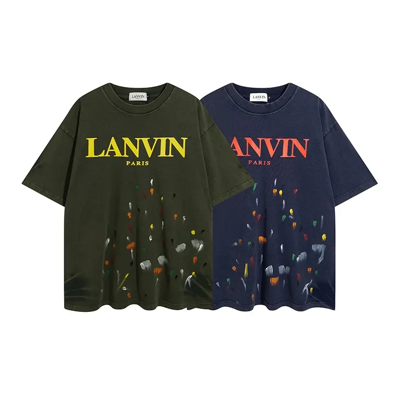 

LANVIN Fashion Luxury high quality celebrity hand-painted graffiti ink letters men's and women's casual short-sleeved T-shirt