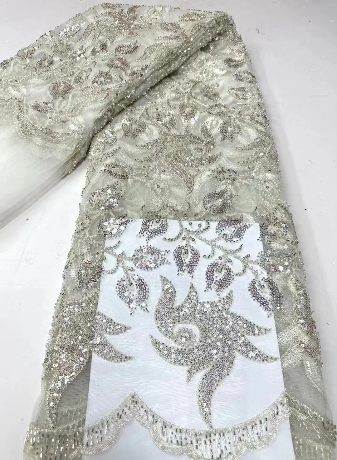 

Hot Sale Beaded Lace Fabric High Quality African Lace Fabric Handmade Beads Lace Fabric for Bridal Material French Net Lace