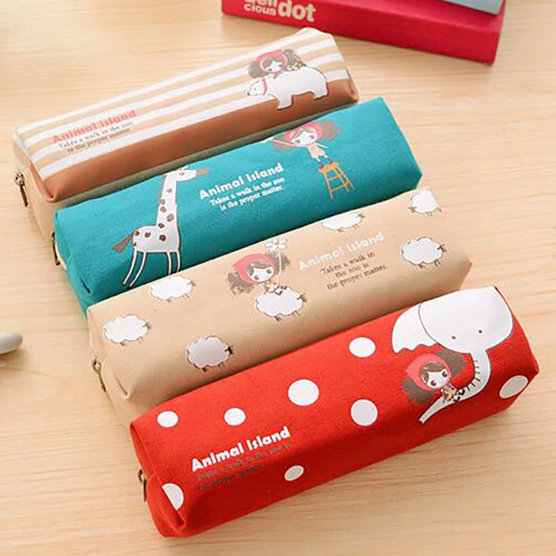 

Free Shipping Lovely Girl Canvas Pencil Case Cute Kawaii Cartoon Fabric Zipper Animal Pencil Bag For Kids School Supplies GIft