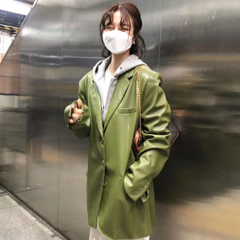 Korean Chic Autumn Winter Retro Fried Street Lapel Casual Loose Long-sleeved Neutral Style Handsome Leather Suit Jacket Women