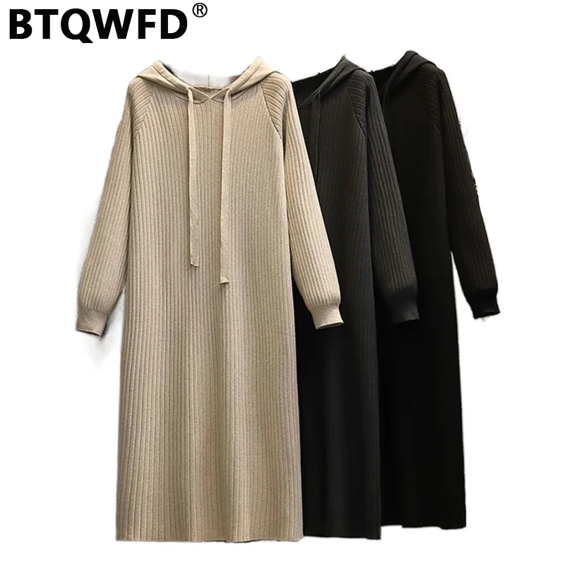 

BTQWFD Dress Women's Party Female Clothing Sweaters Hooded Evening Fashion Knitted Long Sleeve Streetwear 2023 New Autumn Winter
