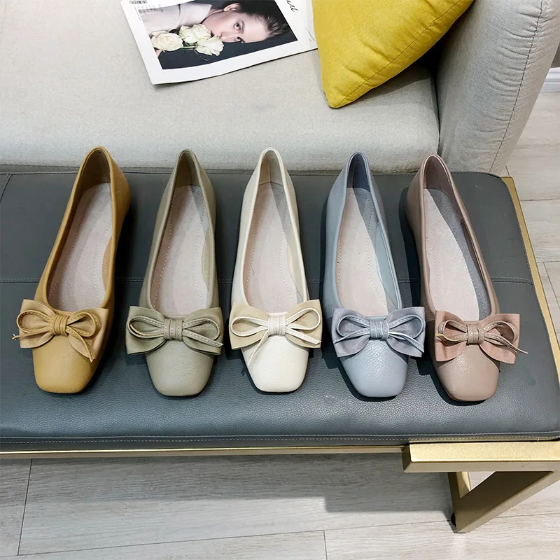 

Designer Double Bow-knot Flats Woman Soft Bottom Pregnant Shoes Women Shallow Slip on Loafers Antiskid Square Toe Moccasins 2021