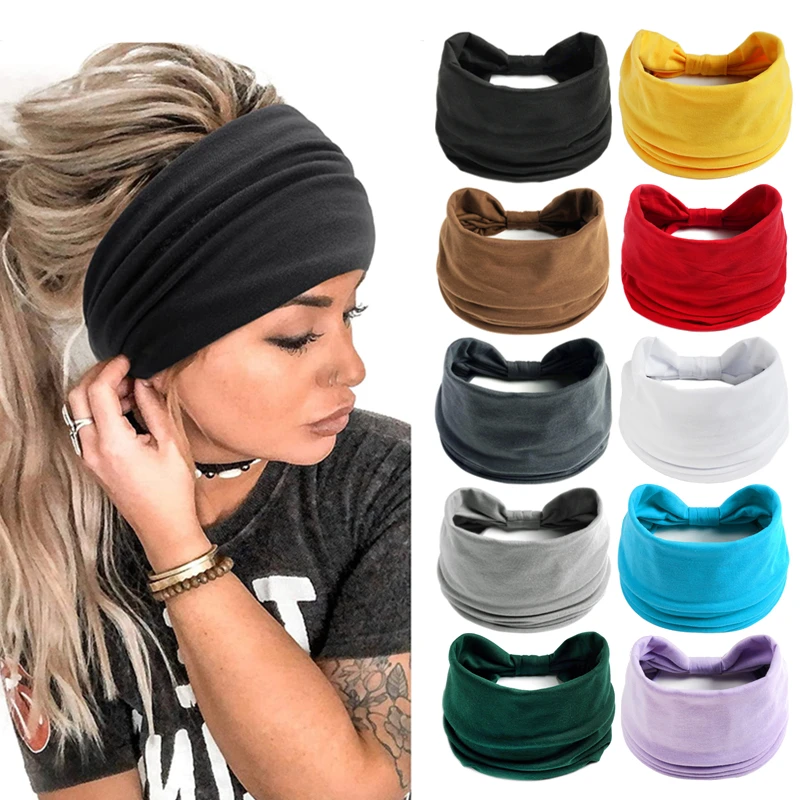 Wide Headbands Vintage Knot Elastic Turban Headwrap For Women Girls Cotton Soft Bandana Hair Accessories