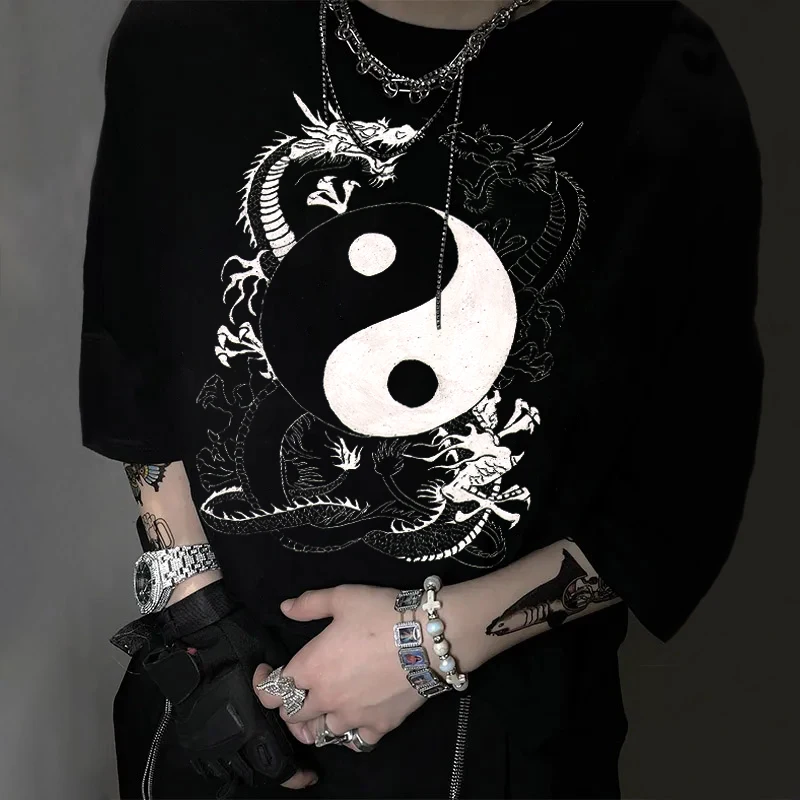 

2023 Summer Women T-shirts Vintage Chinese Dragon Print Short Sleeve T Shirt Female Harajuku O-Neck Streetwear Y2k Clothes Tops