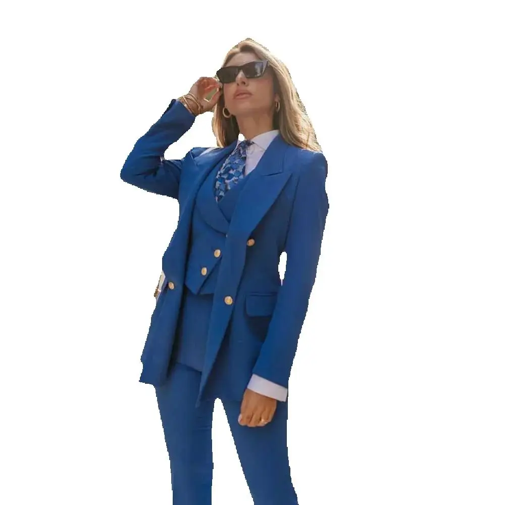 Роскошные синие женские костюмы двубортный комплект из трех предметов куртка
