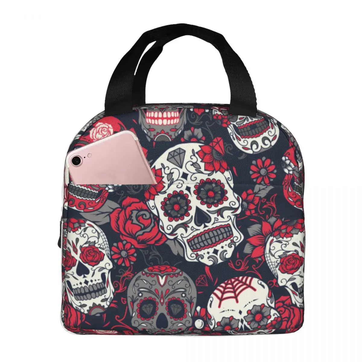 

Day Of The Dead Colorful Sugar Skull Lunch Bag Portable Insulated Cooler Thermal Cold Food Picnic Lunch Box for Women Children