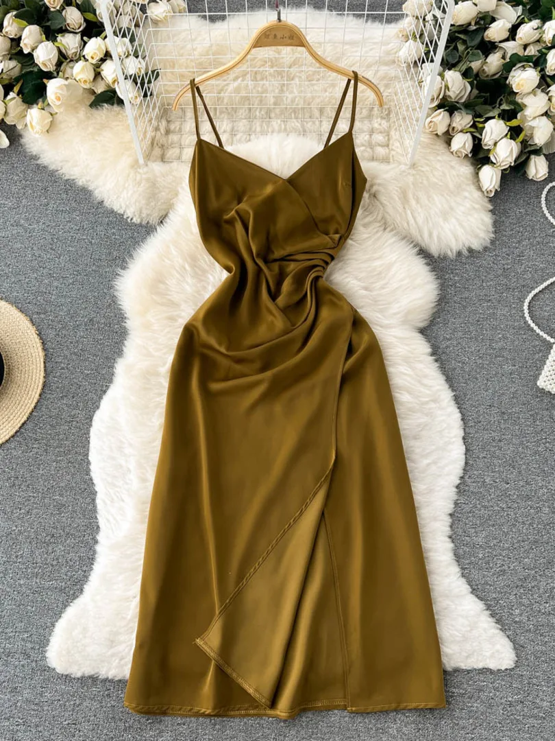 

Elegant Women Sexy Dress Spaghetti Strap V-neck Sleeveless Summer Dress 2022 Slim Folds High Split Long Party Club Dress Outfits