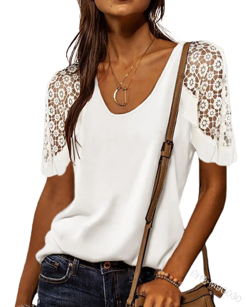 

Женская Кружевная футболка с коротким рукавом, свободный однотонный пуловер с круглым вырезом и оборками, весна-лето 2022