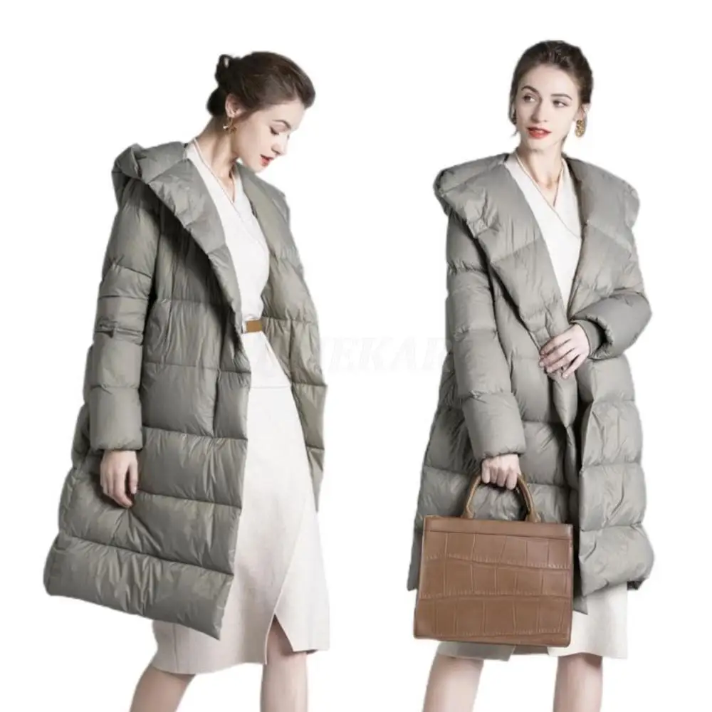 Women's Long Down Jacket  Winter 2022 New Hickened Loose Slimming Eider Down Hooded Coat Loose Over-the-knee Long Down Jacket