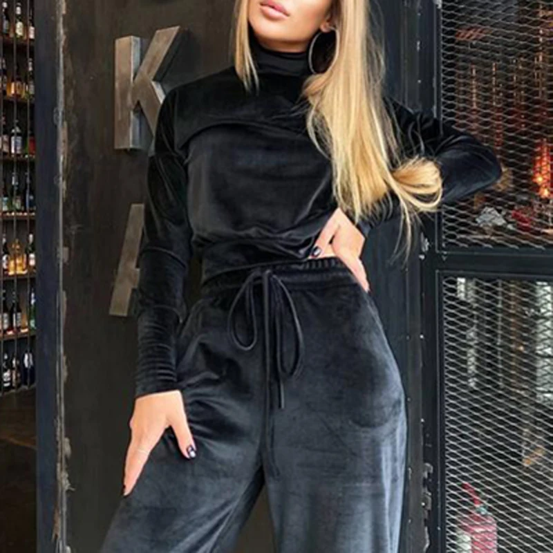 

Осенне-зимние однотонные мягкие бархатные комплекты из лисы, Женский пуловер с высоким воротником, Свитшот и штаны на шнурке, наряды, повсед...