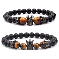 micro cz king crown black matte onyx beads tiger eye stone charm bracelet handmade stretch men 8mm women bracelet bangle jewelry