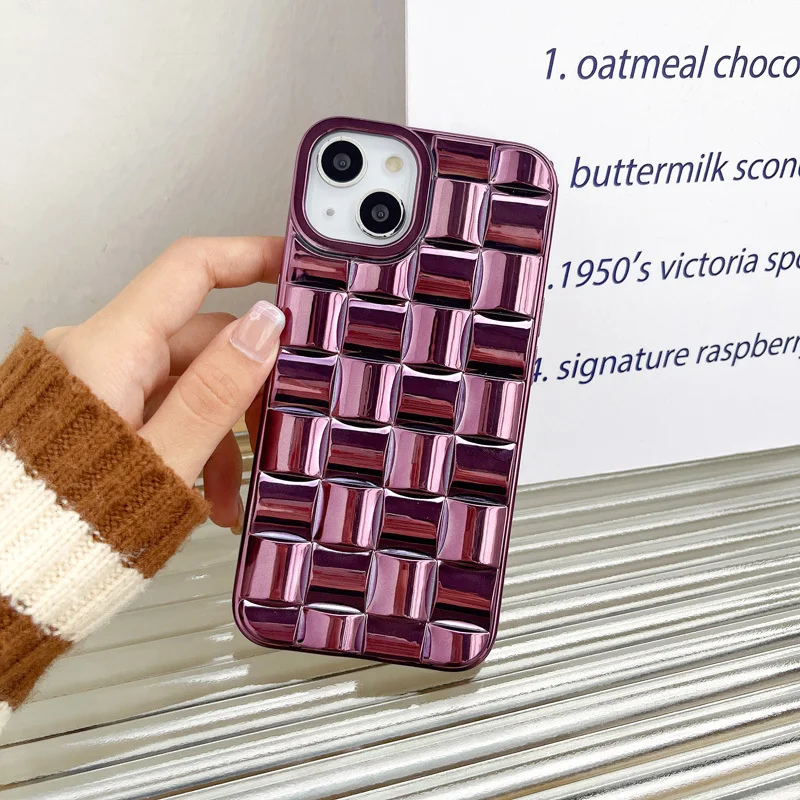 

Luxury Electroplating Purple Square Weave Phone Case For iphone 14 Plus 13 Pro Max Funda 12 11 Silicone Coque Anti-drop Cover