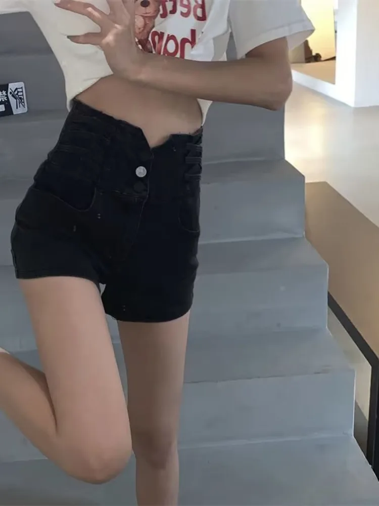 Feynzz's ultra-high waist denim shorts women's summer new thin elastic ins net red a-line hot pants tide section