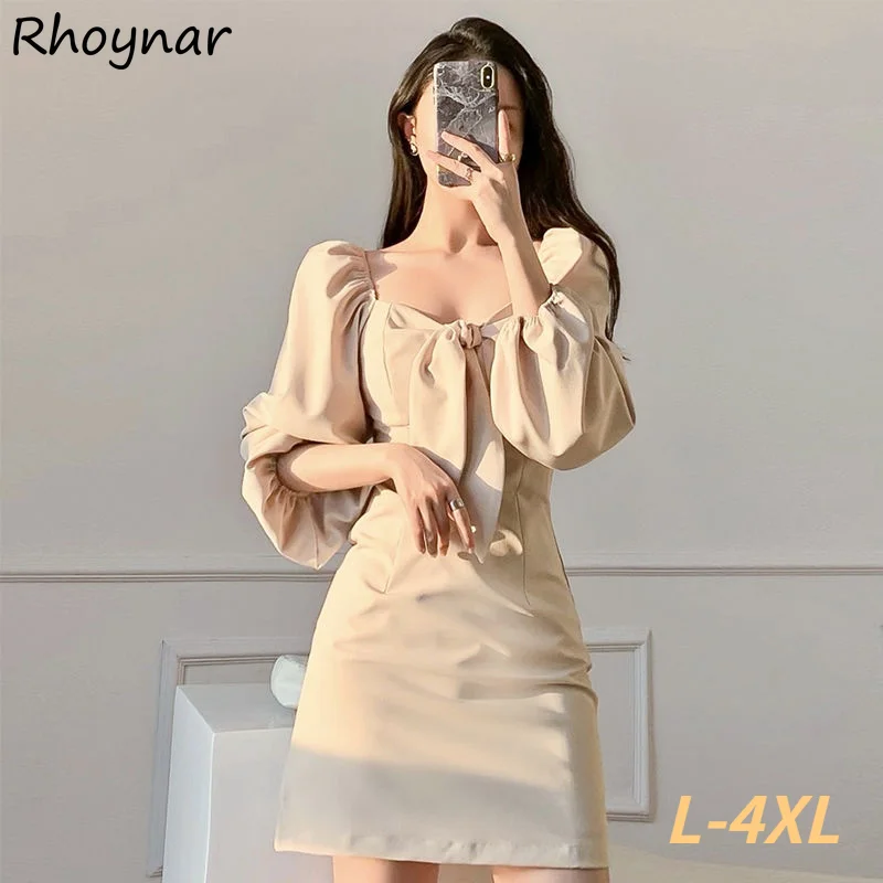 

Dress Women Tender Lantern Sleeve Elegant Square Collar High Waist Solid Ladies Clothing Bow Stylish Minimalist Students Chic
