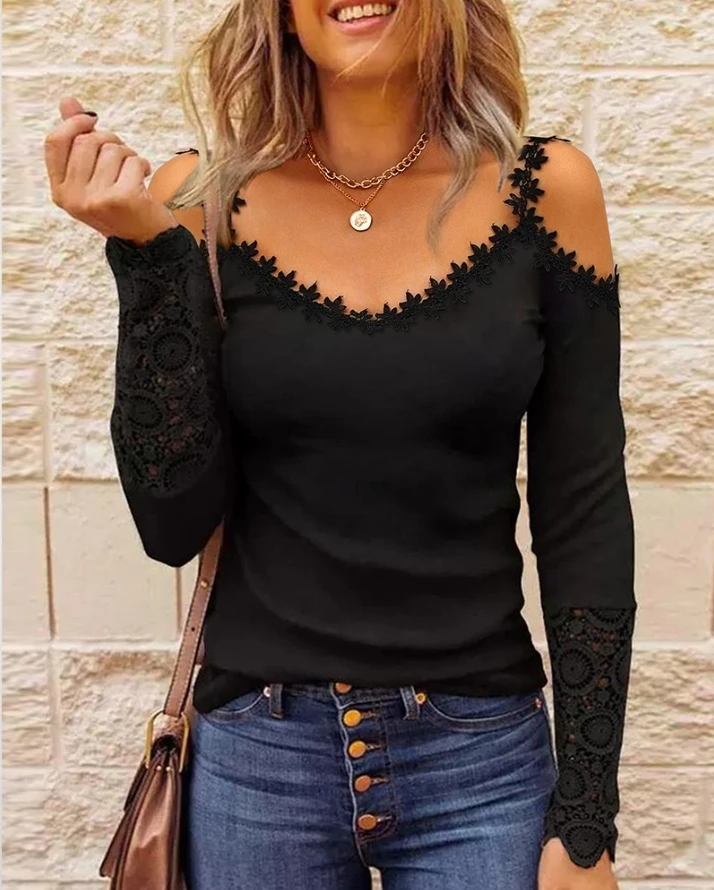 

fashion woman blouses 2022 Contrast Lace Cold Shoulder Top sexy casual long sleeve T-shirts fall outfits women Tee Plain