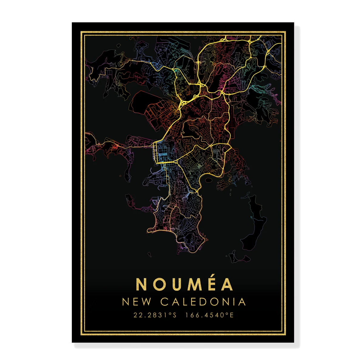 

Nouméa GOLD ROADS Rainbow City Map Print New Caledonia Poster Canvas Wall Art Black Pictures for Living Room