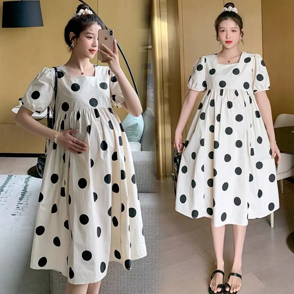 Summer korean Fashion Polka Dot Printed Maternity Long Dress Casual A Line Loose Clothes for Pregnant Women Pregnancy vestidos enlarge