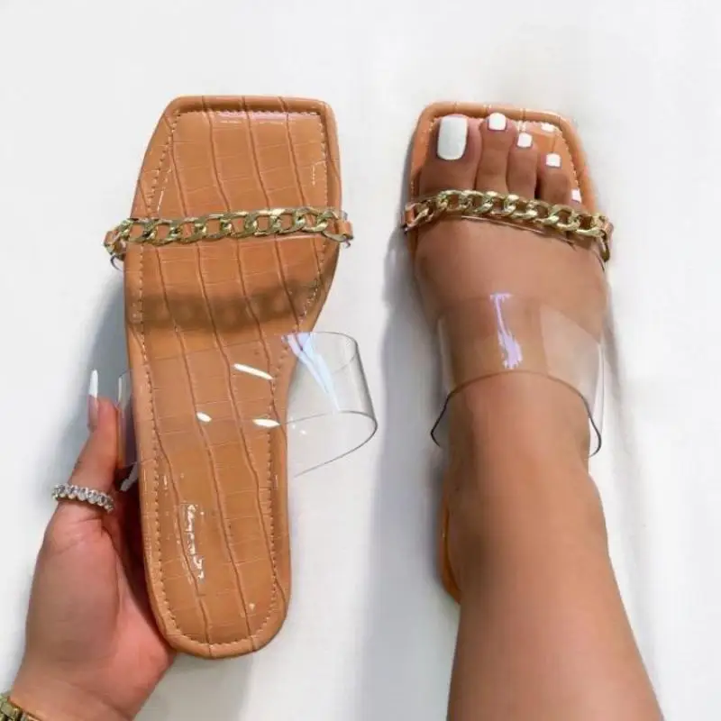 

Fashion Design Sandals 2022 New Casual Beach Women's Shoes Party Dress Slippers Flip-flops Flat Metal Chain Pvc Women's Slippers