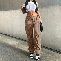 khaki solid color loose womens overalls low rise multi pocket straight leg pants retro style streetwear casual hippie jeans